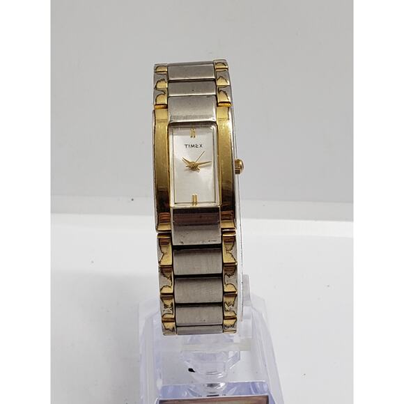 Women\'s Timex dress watch. Square white iridescent face. Large gold bevel main image 8